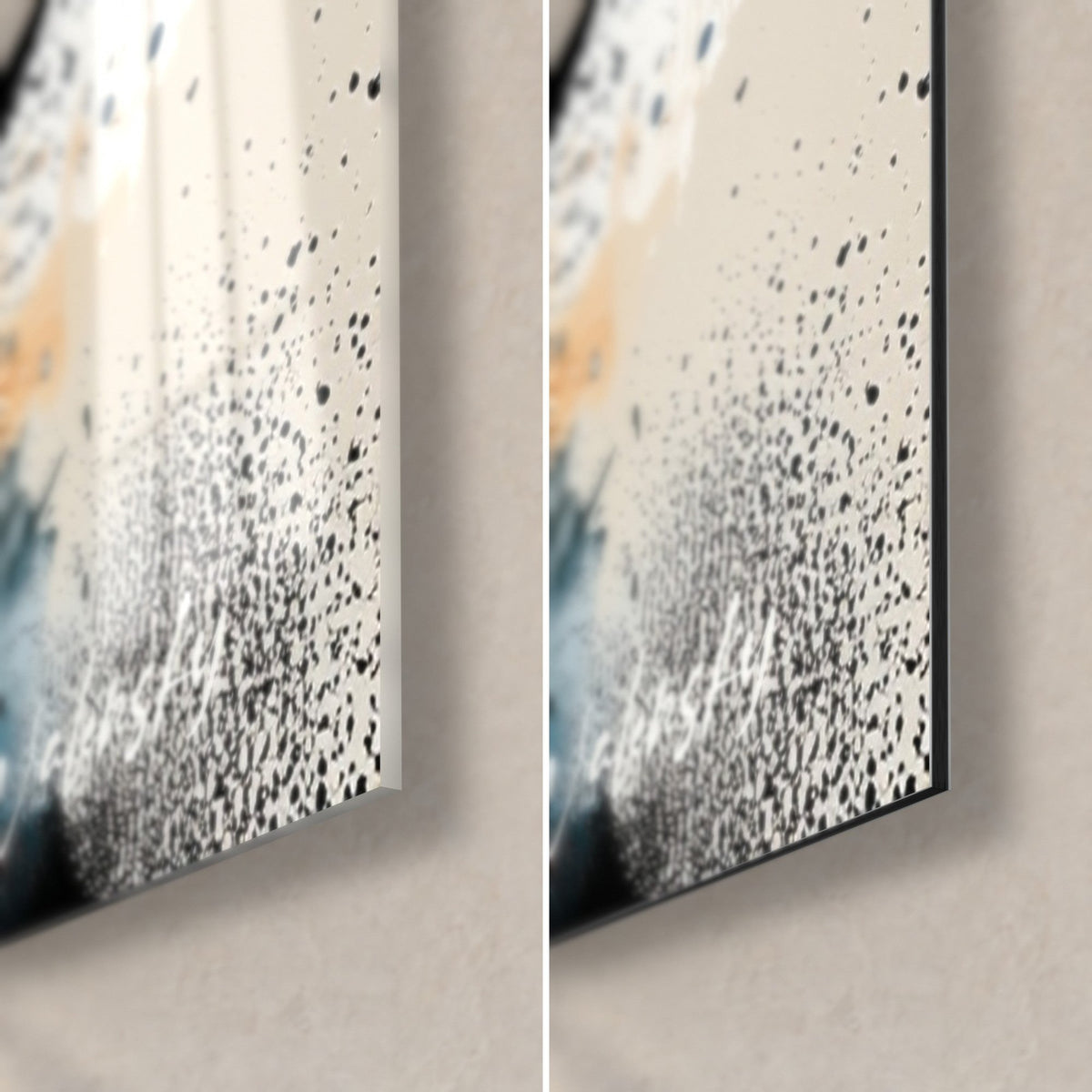 Quadro Tazza bianca e gocce nere, angolo in basso a destra in vetro lucido e Dibond opaco, spessore di 3 mm visibile