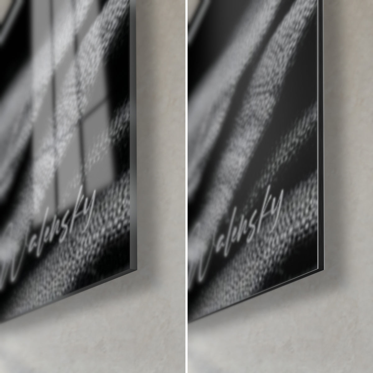 Cuadro tazas negras con latte art, esquina inferior derecha: cristal acrílico brillante a la izquierda, Dibond gris mate a la derecha, canto de 3 mm