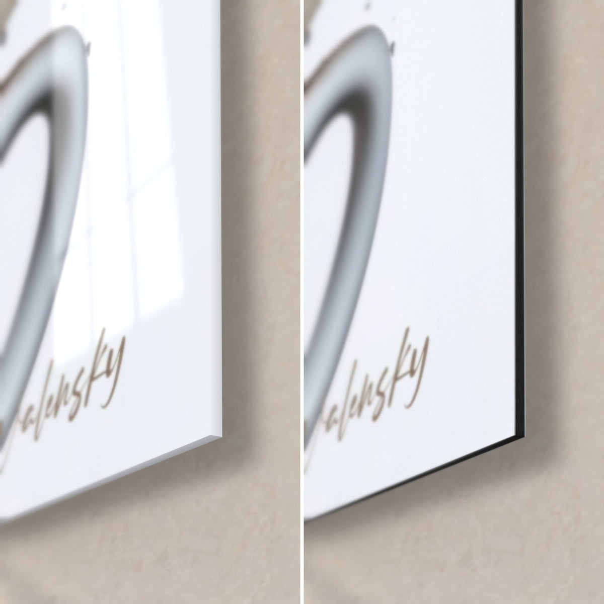 Tableau visage fusionné au café, coin bas droit : verre brillant à gauche, Dibond noir mat à droite, tranche de 3 mm et signature dorée