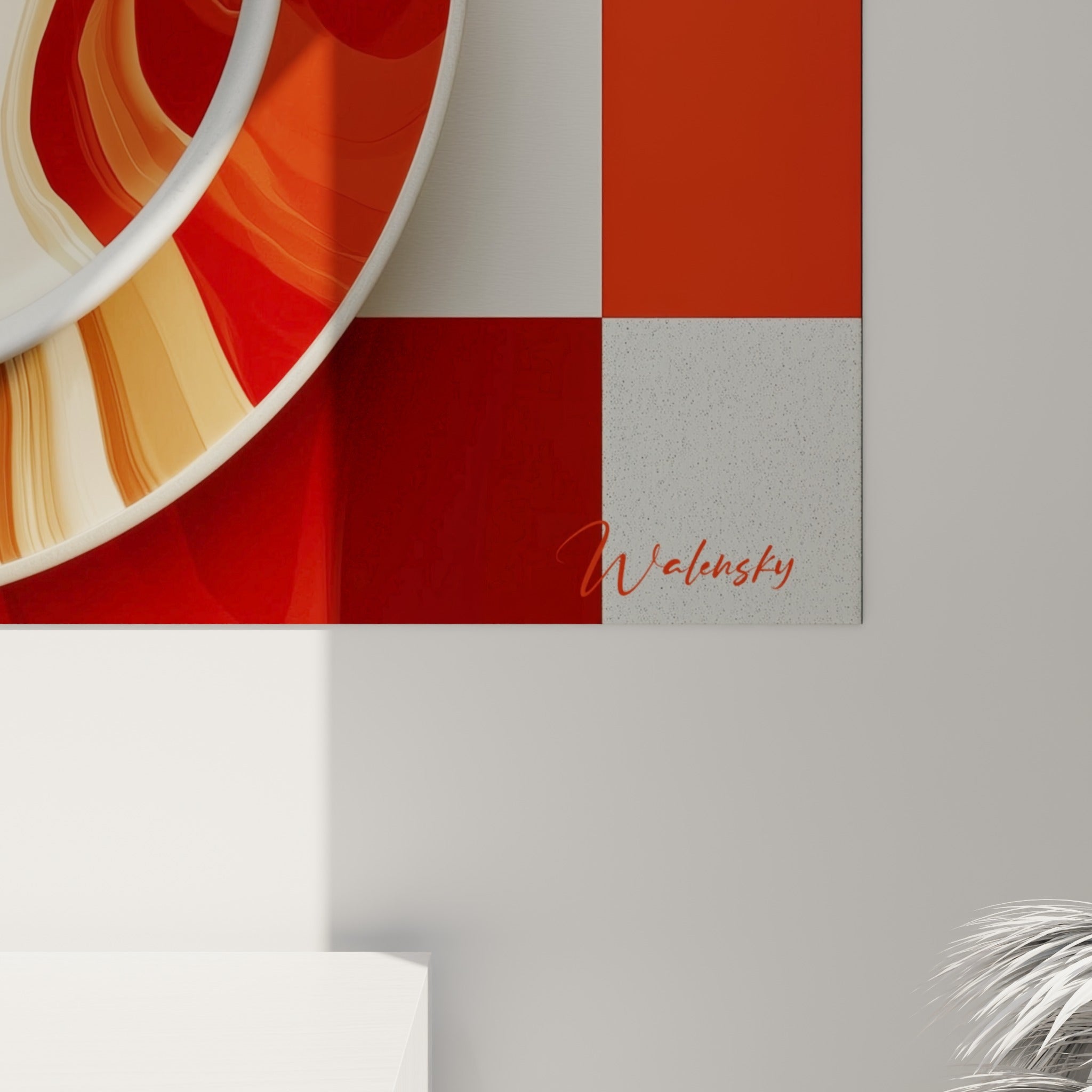 Empâtements crème et rouge profond se mêlant en volutes fluides au fond de la tasse peinte