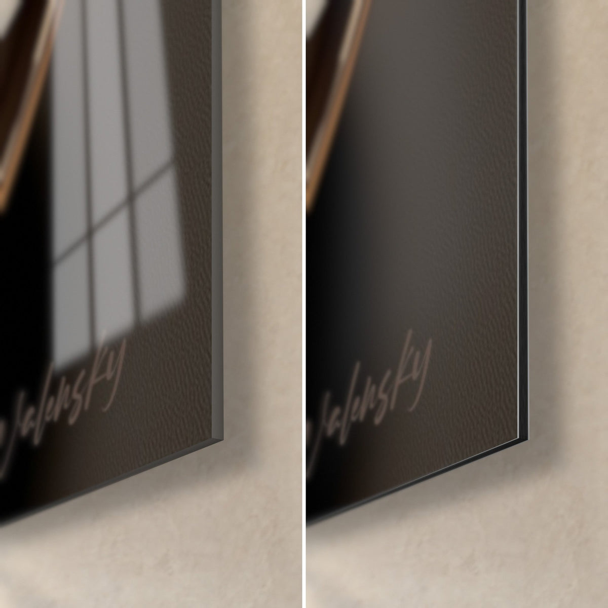 Quadro caffè latte art, angolo in basso a destra: vetro acrilico lucido con riflessi e alluminio Dibond nero opaco, spessore 3 mm