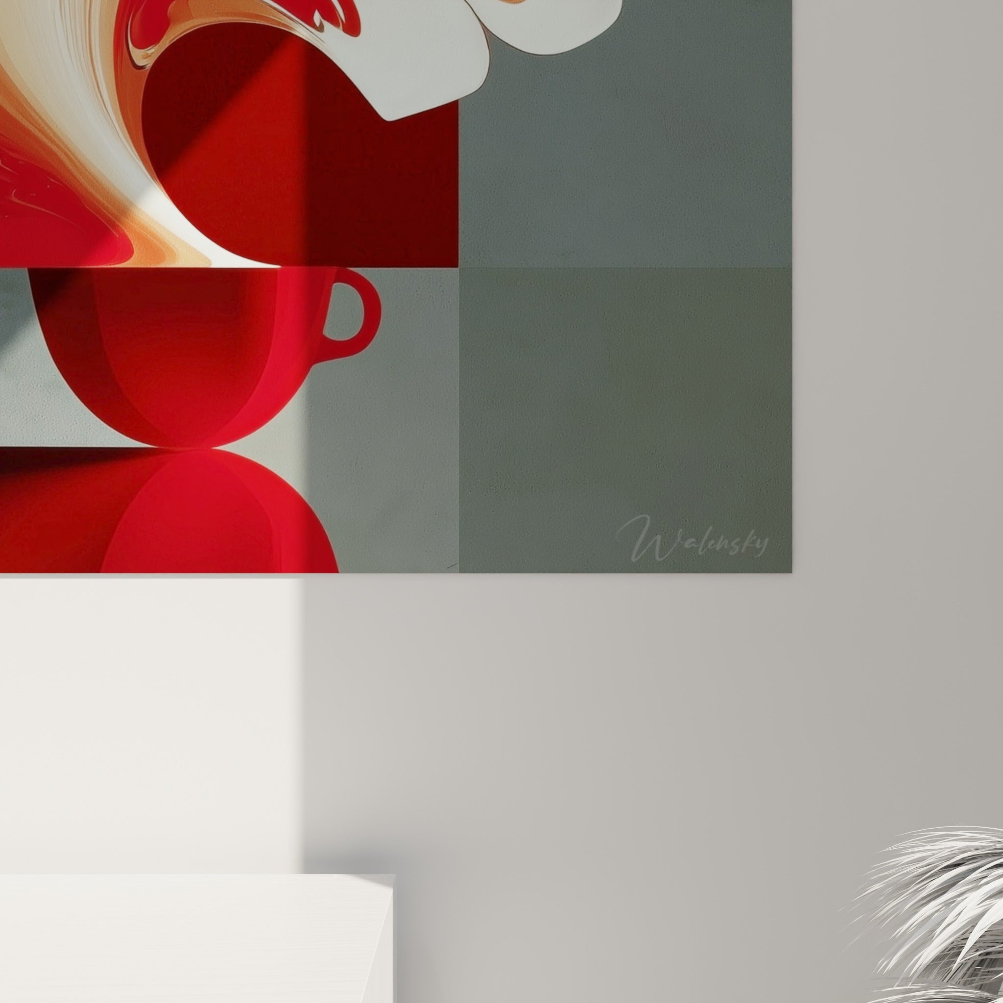 Empâtements satinés en rouge profond et crème nacré révèlent la matière peinte de ce tableau café abstrait