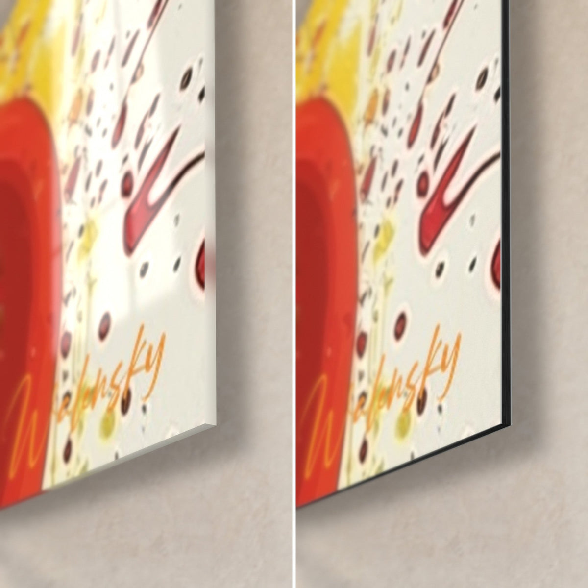 Quadro tazza rossa schizzata di giallo, angolo in basso a destra: vetro acrilico lucido a sinistra, alluminio Dibond opaco a destra, spessore 3 mm