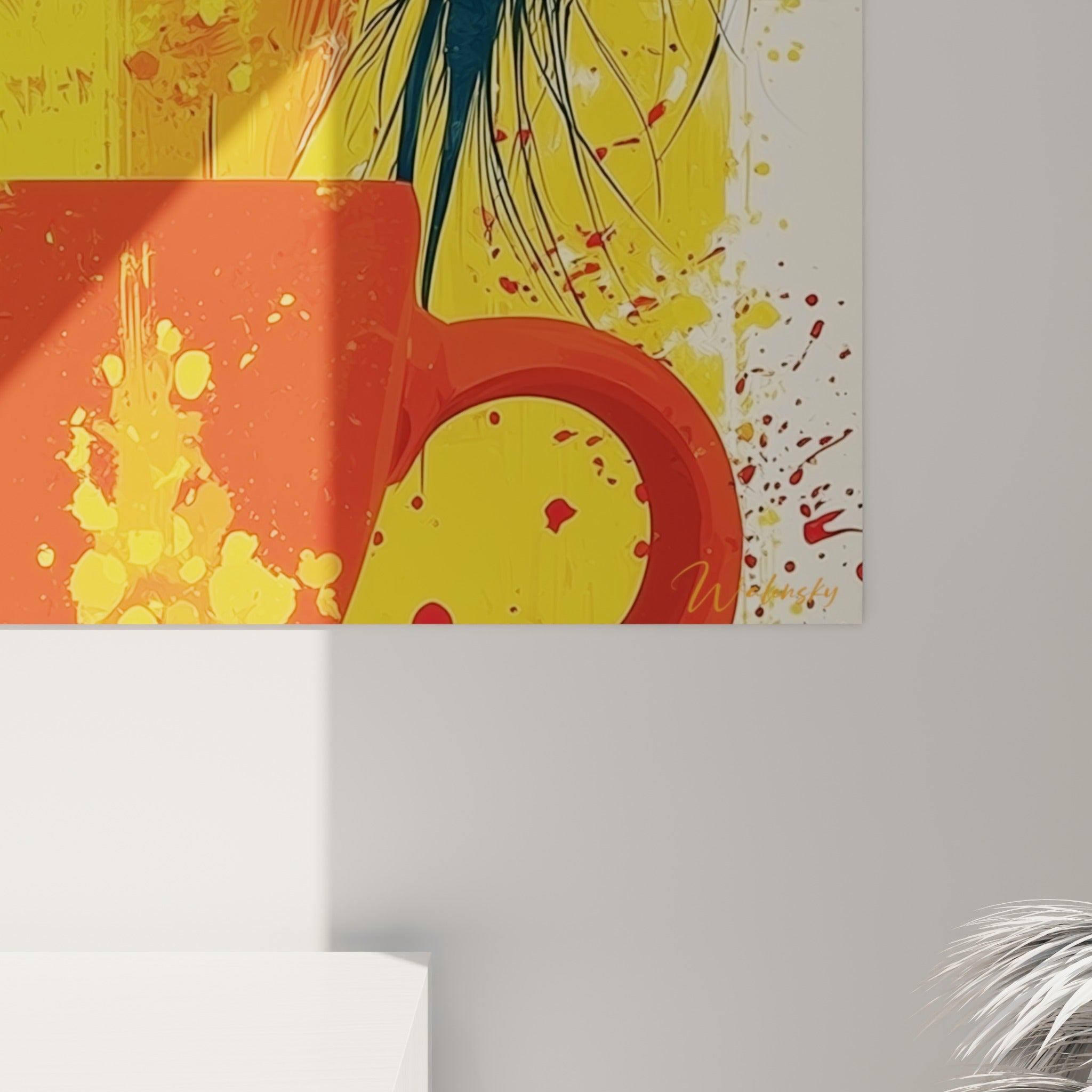Éclaboussures de peinture rouge et jaune sur la toile, grain visible et coulures near l'œil doré
