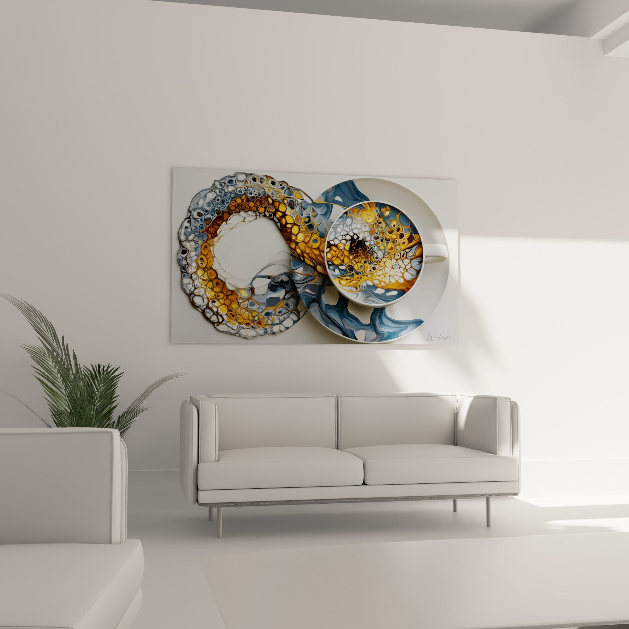Tourbillon de café doré et anthracite en spirale marbrée, au-dessus d'un canapé dans un salon lumineux
