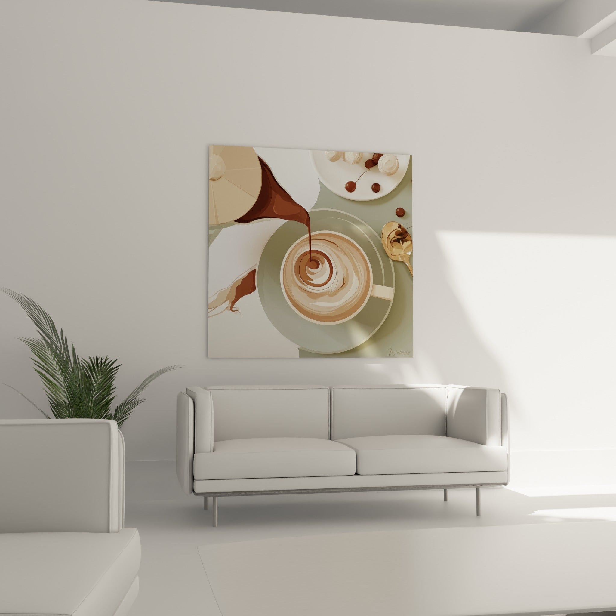 Tourbillon chocolaté beige et anthracite dans une tasse, au-dessus d'un canapé dans un salon lumineux