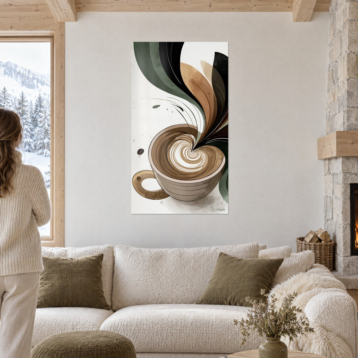 Tableau tasse de café en vue plongeante, volutes vert sauge et noires, mousse crème, au-dessus d'un canapé dans un salon lumineux