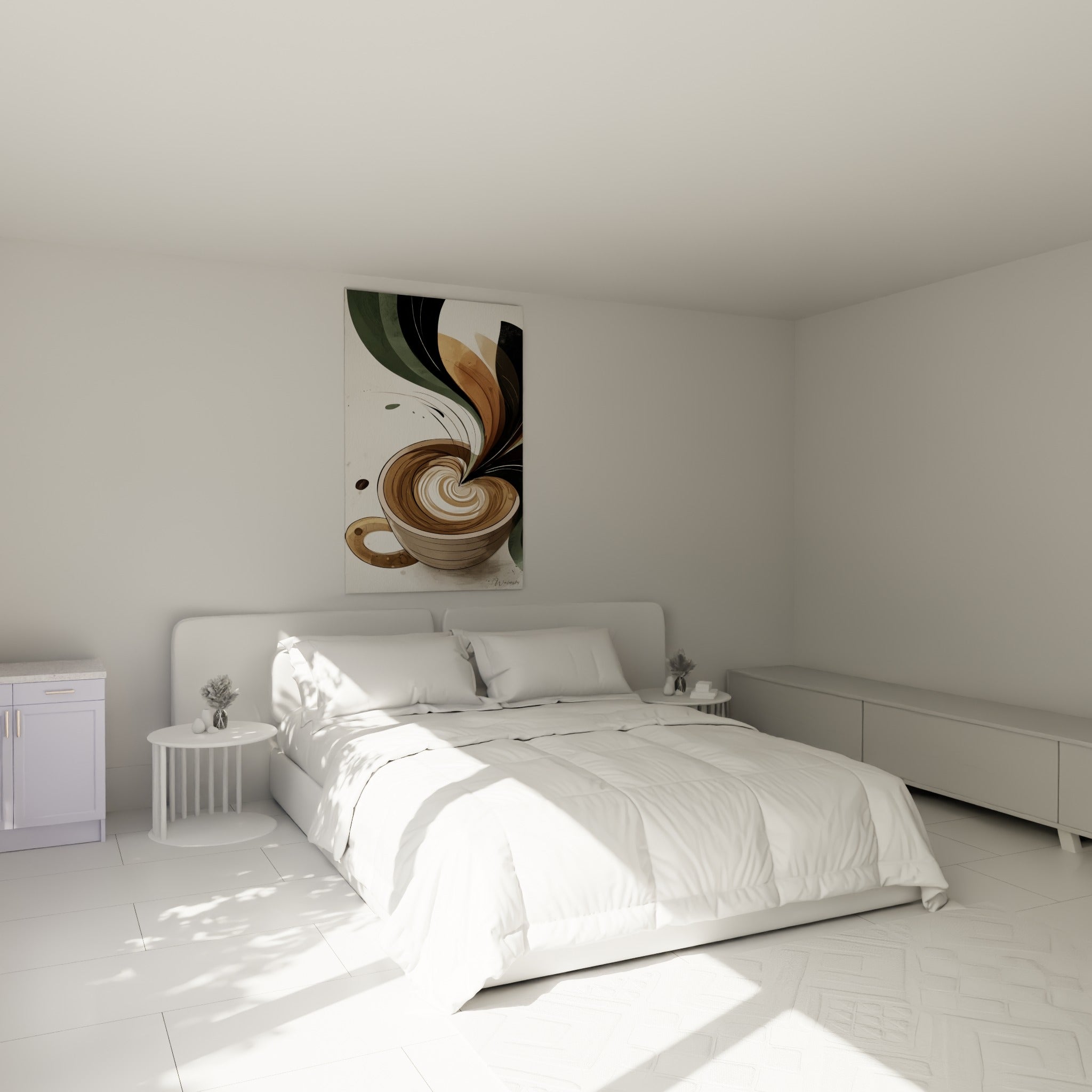Volutes de café beige et vert sauge accrochées au-dessus d'un lit dans une chambre claire