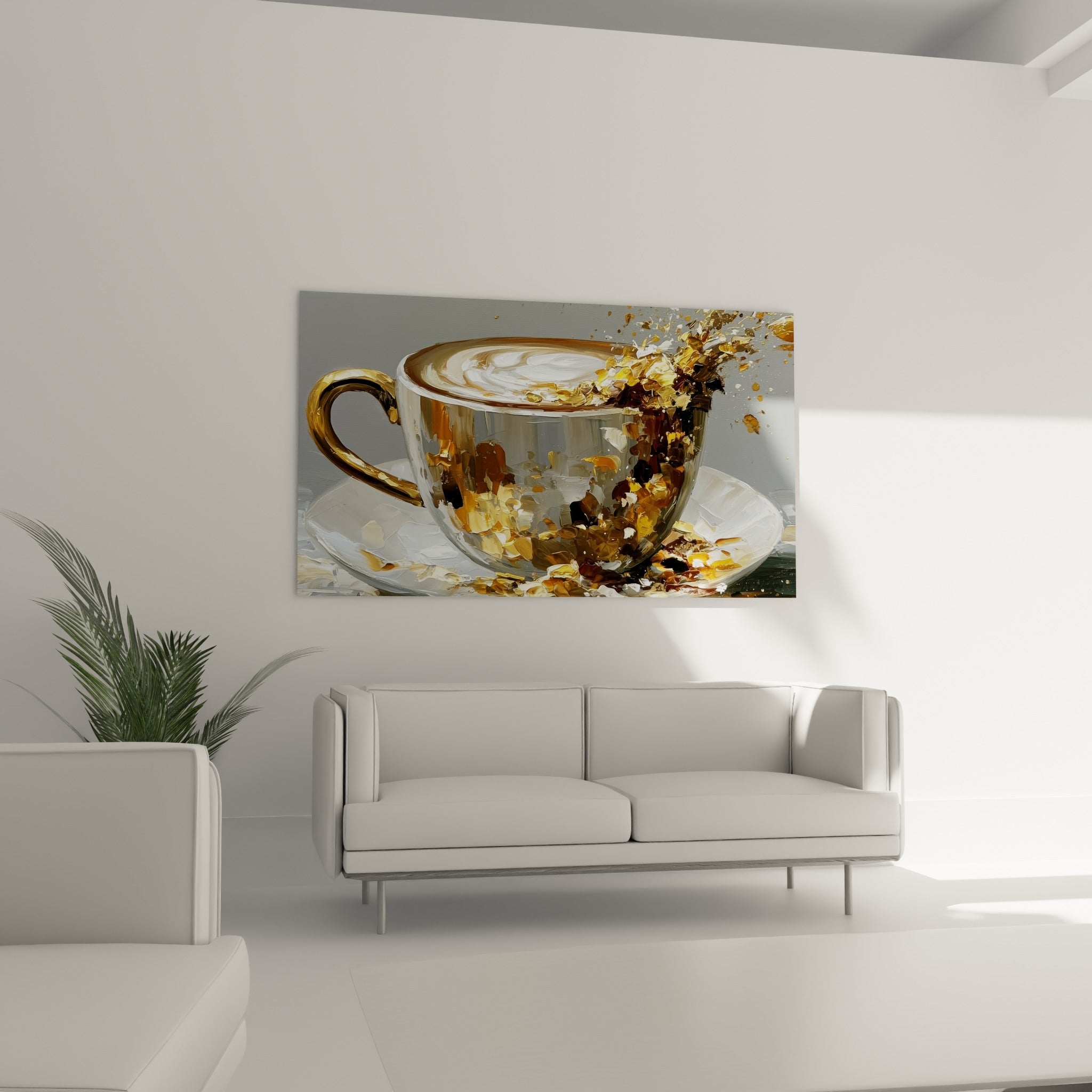 Tourbillon blanc et fragments ambrés d'une tasse de café, au-dessus d'un canapé dans un salon lumineux
