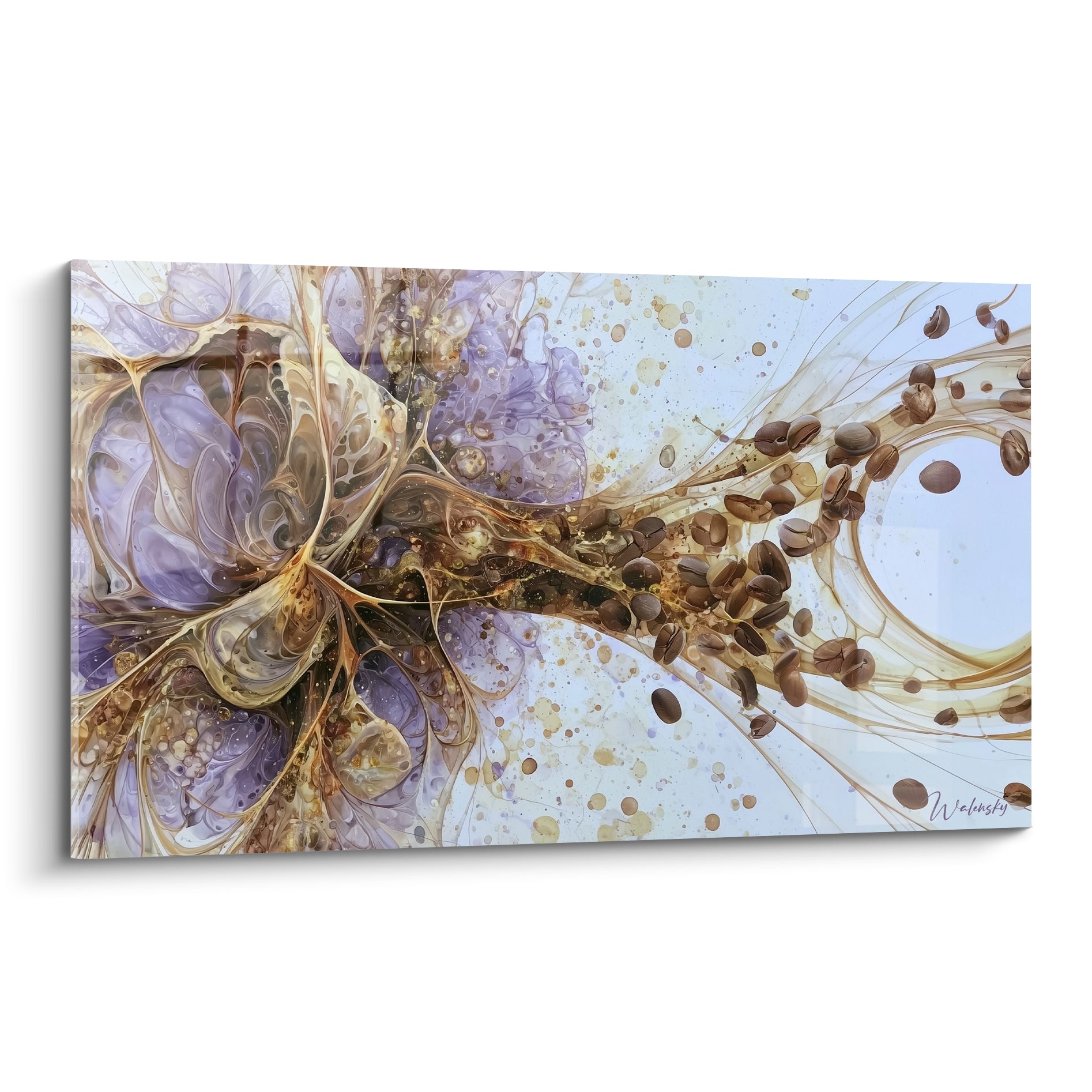 Tableau café aux volutes mauve lilas et doré, grains bruns épars sur fond clair