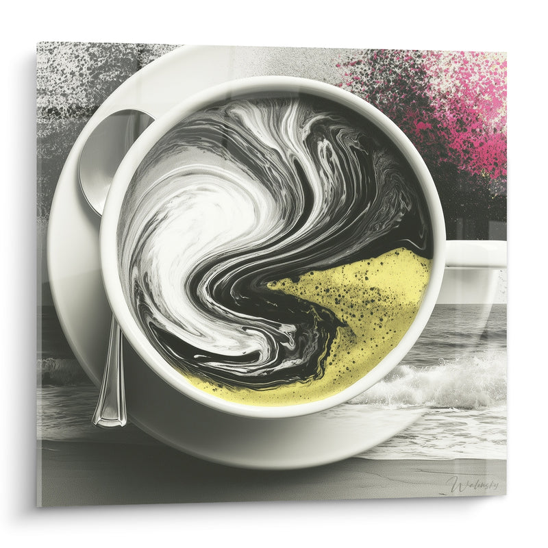 Tableau Tasse tourbillon noir et blanc à l'écume jaune - Vagues et cuillère argentée - Edition Café