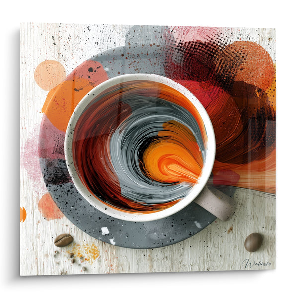 Coffee Cup Painting with Gray and Orange Whirlpool on Splattered Saucer - Scattered Coffee Beans - Café Edition