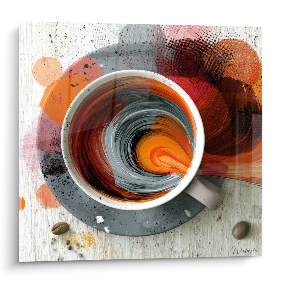 Tasse mit grau-orangefarbenem Strudel auf Untertasse - Kaffeebohnen verstreut - Kaffee Edition