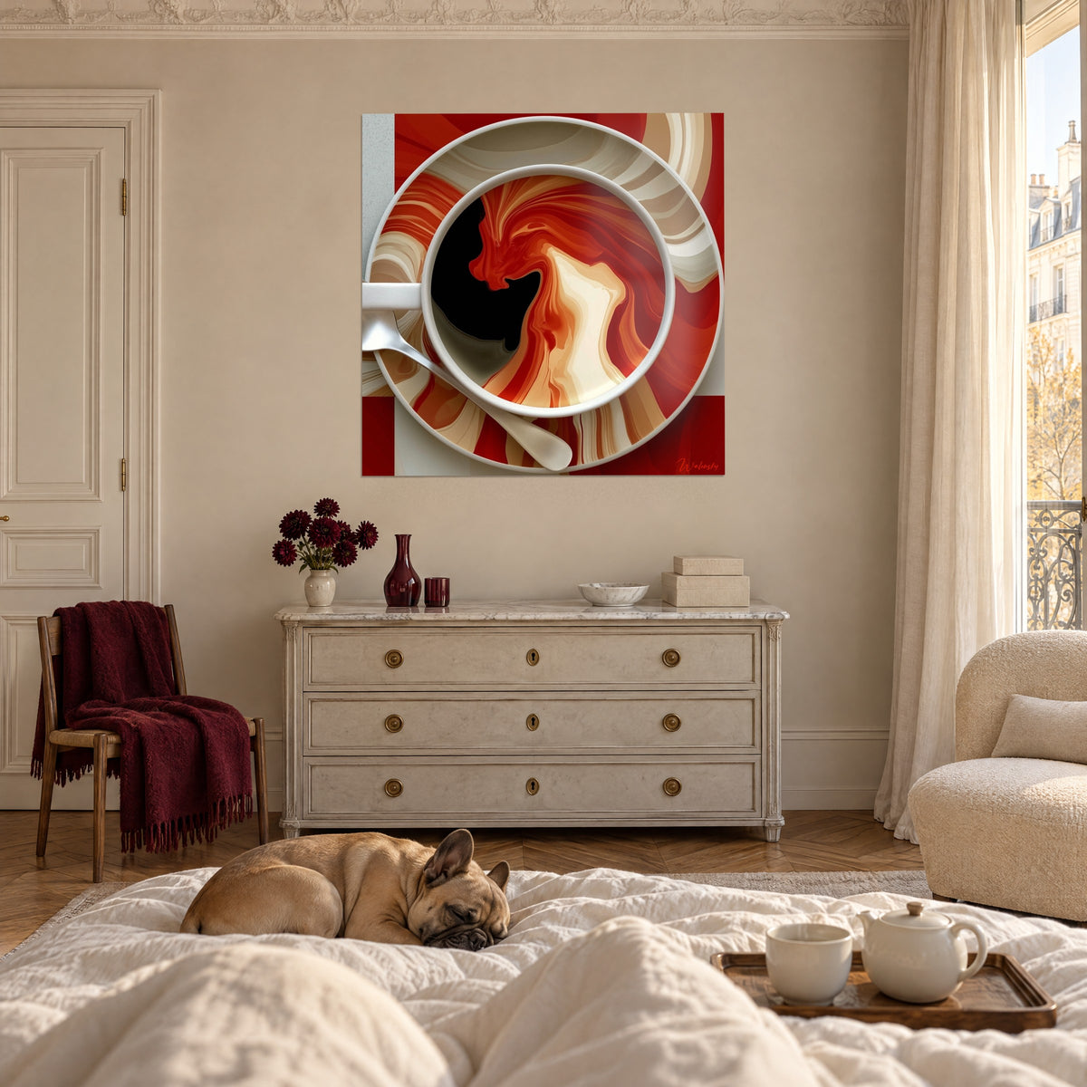 Cuadro remolino de café jaspeado en rojo ladrillo y marfil, núcleo negro profundo, sobre una cama en un dormitorio luminoso