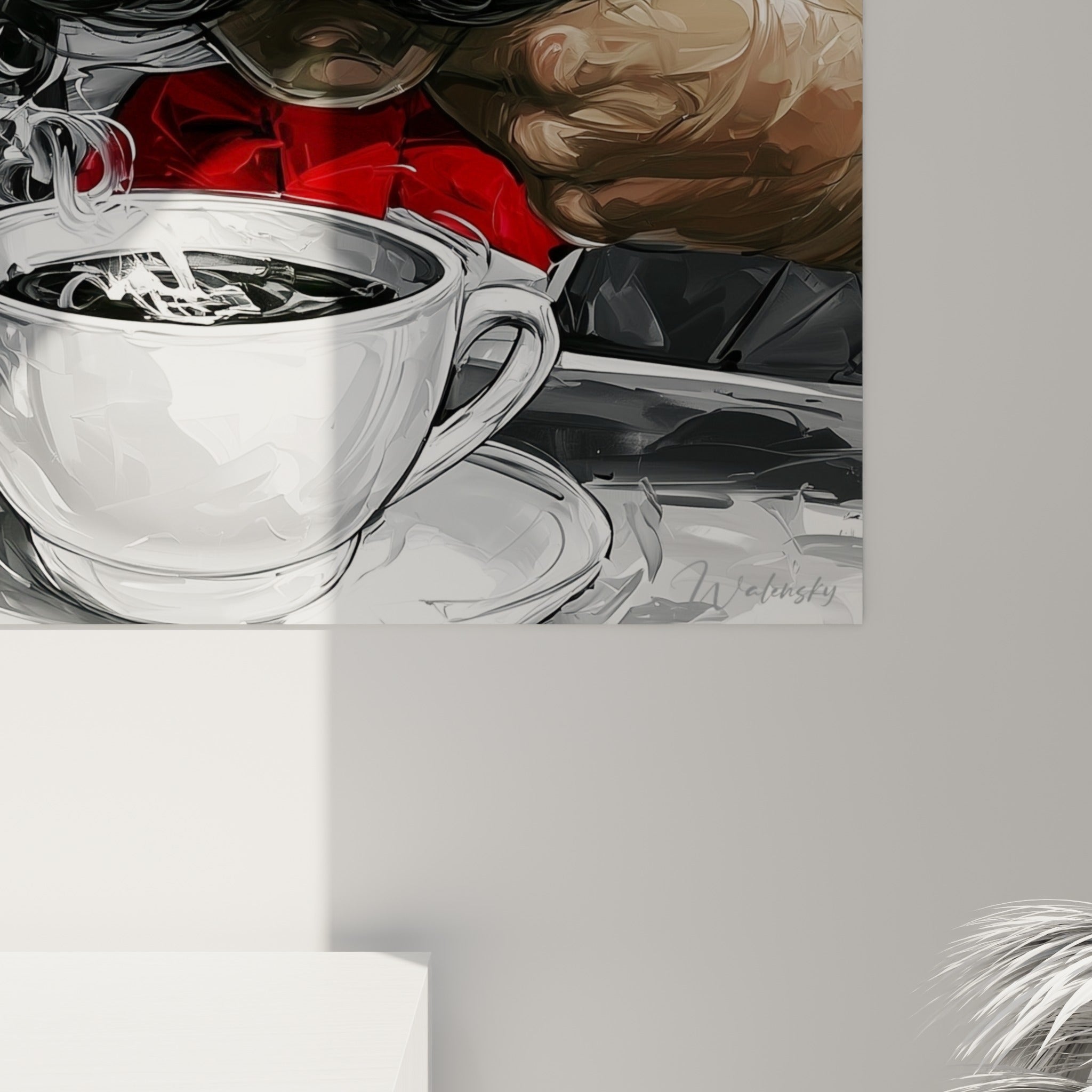Empâtements et traits vifs révèlent la vapeur blanche s'échappant de la tasse noire sur ce tableau café accroché.