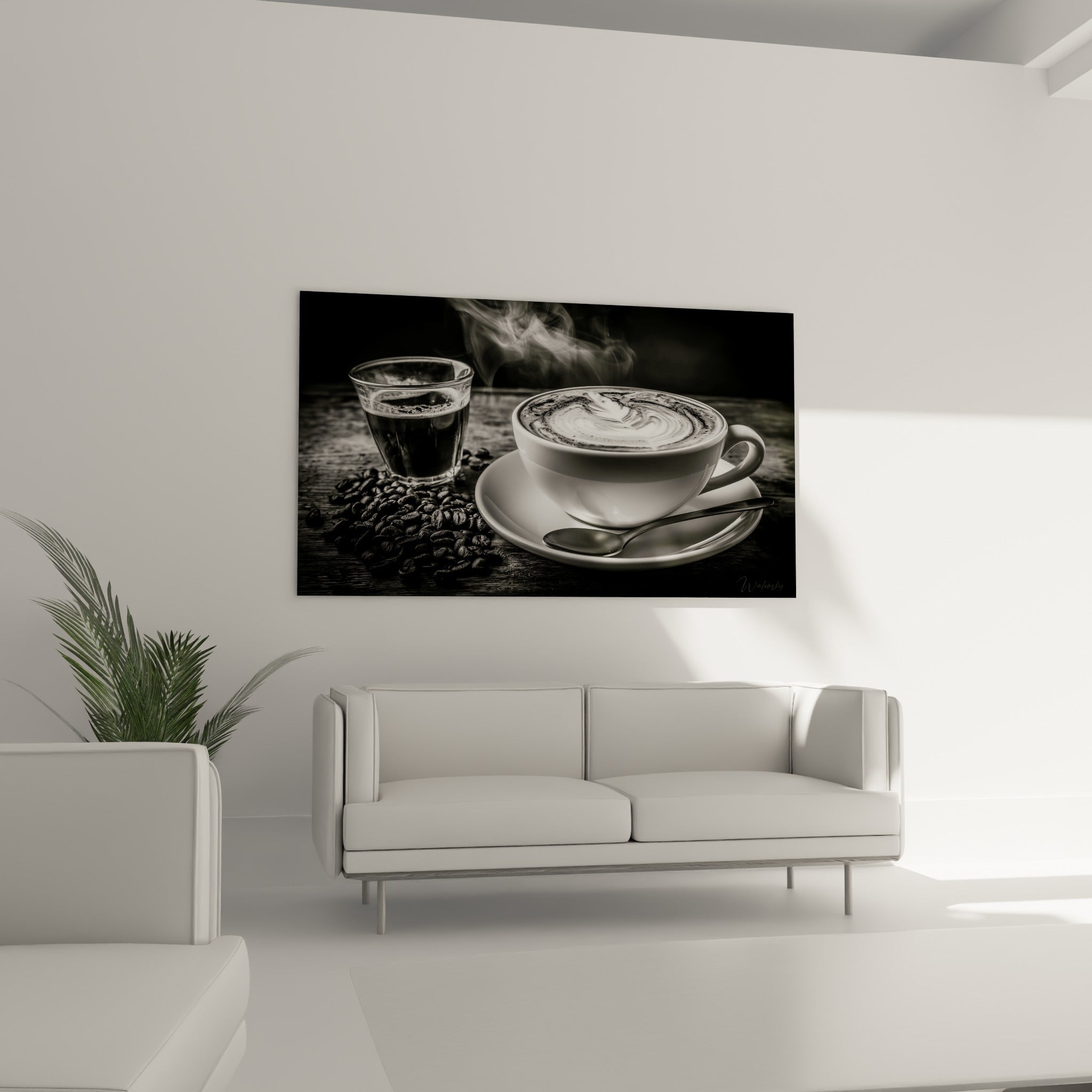 Vapeur blanche s'élevant d'un café anthracite dans une tasse porcelaine, au-dessus d'un canapé dans un salon lumineux