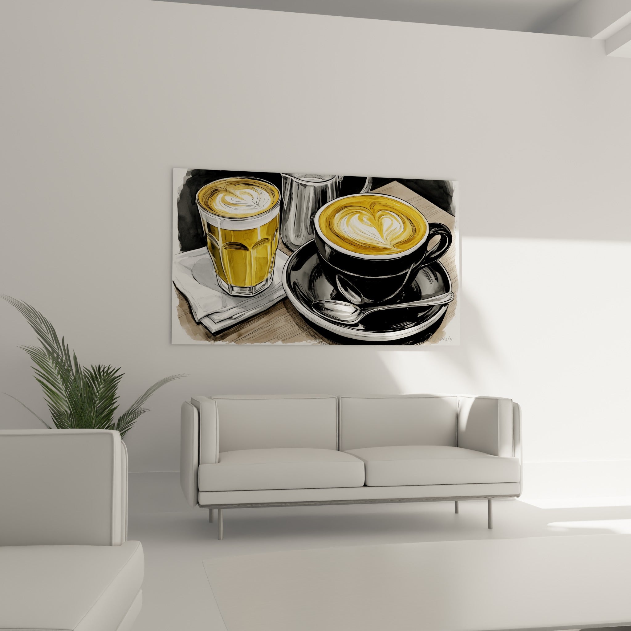 Verre de latte doré et tasse noire à la mousse blanche, au-dessus d'un canapé dans un salon lumineux