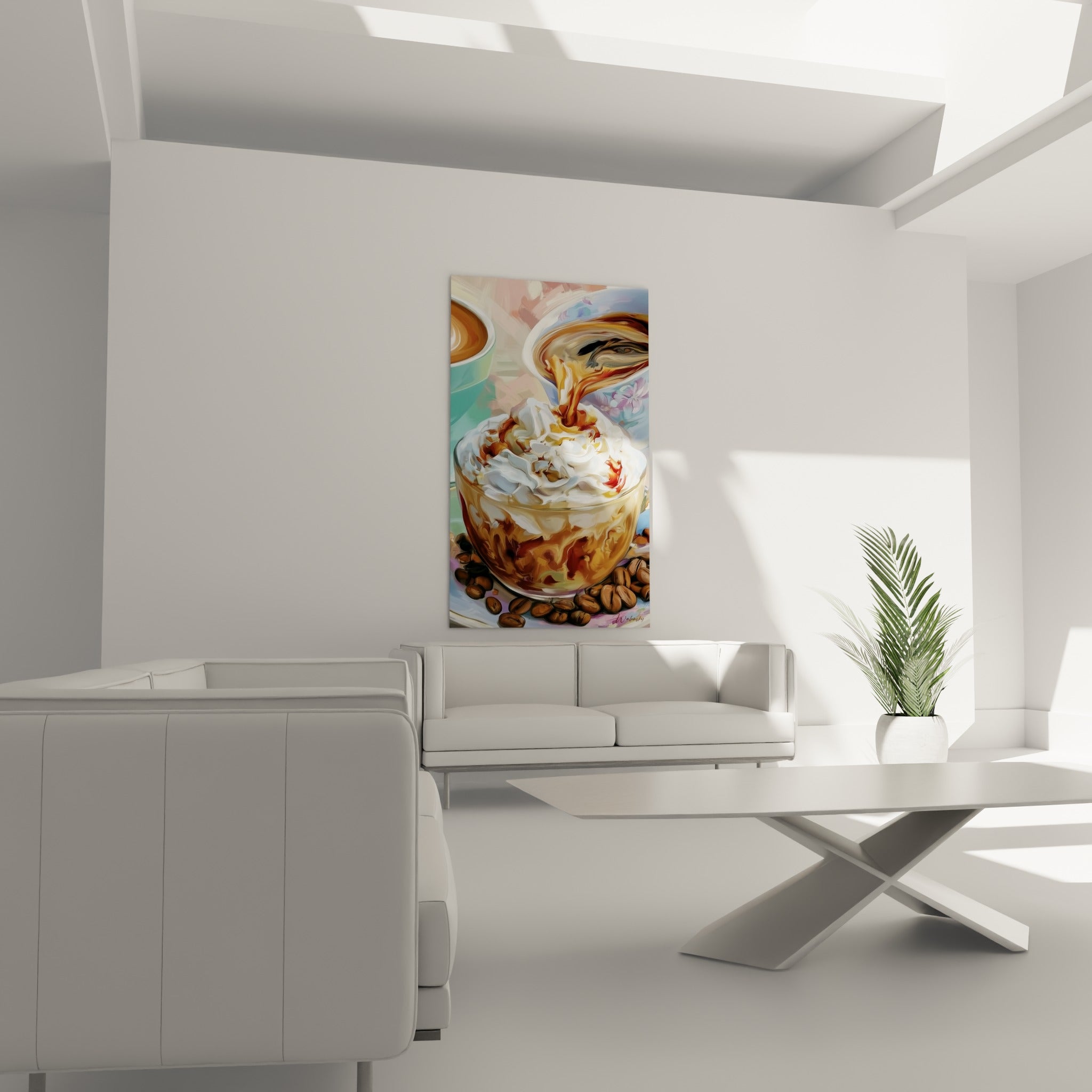 Filet de café chaud versé sur crème blanche, tons pastel roses et turquoise, au-dessus d'un canapé dans un salon lumineux