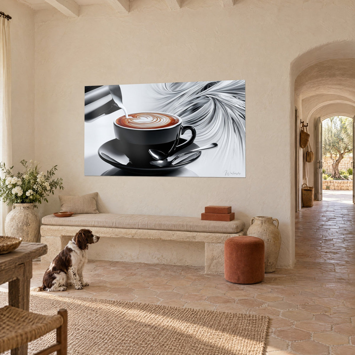 Wall art frothy cappuccino in its glossy black cup, silver spoons on the saucer, brown and white spaniel, Provençal farmhouse