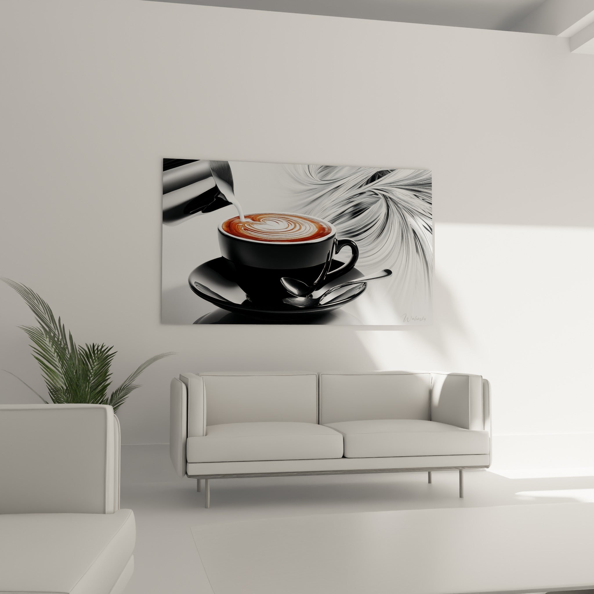 Versement de lait sur cappuccino brun et argent, tableau au-dessus d'un canapé dans un salon lumineux