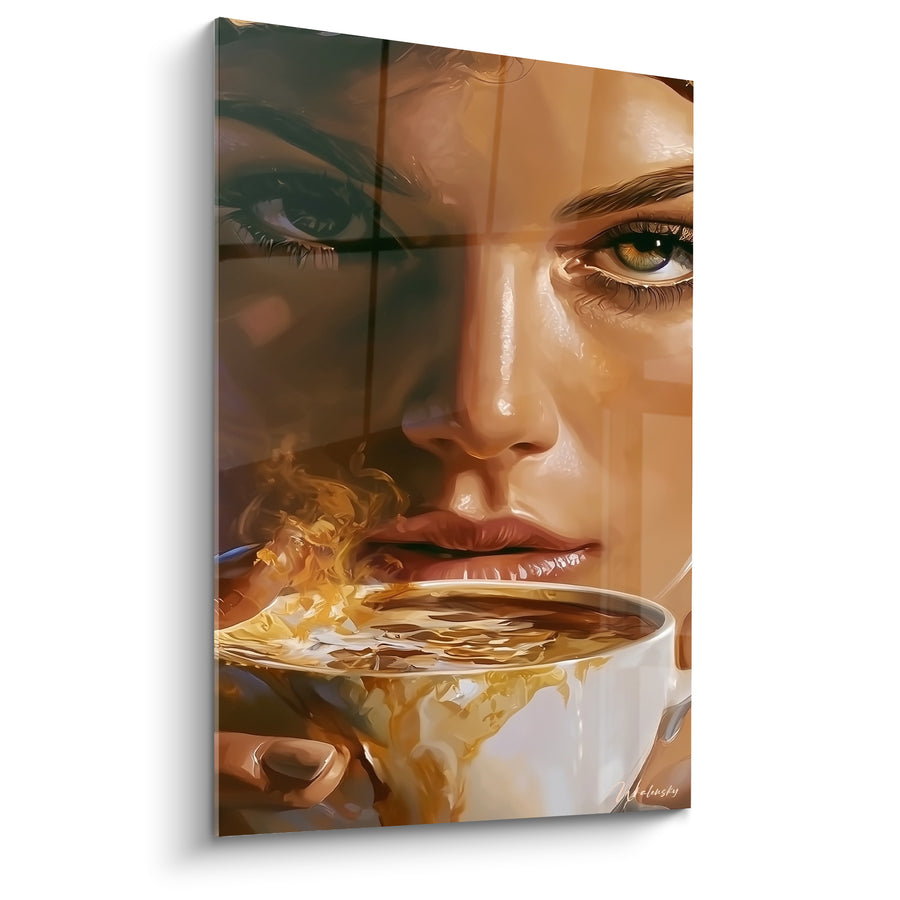 Tableau Visage ambré et doré aux yeux verts perçants - Reflet de fenêtre quadrillée - Edition Café