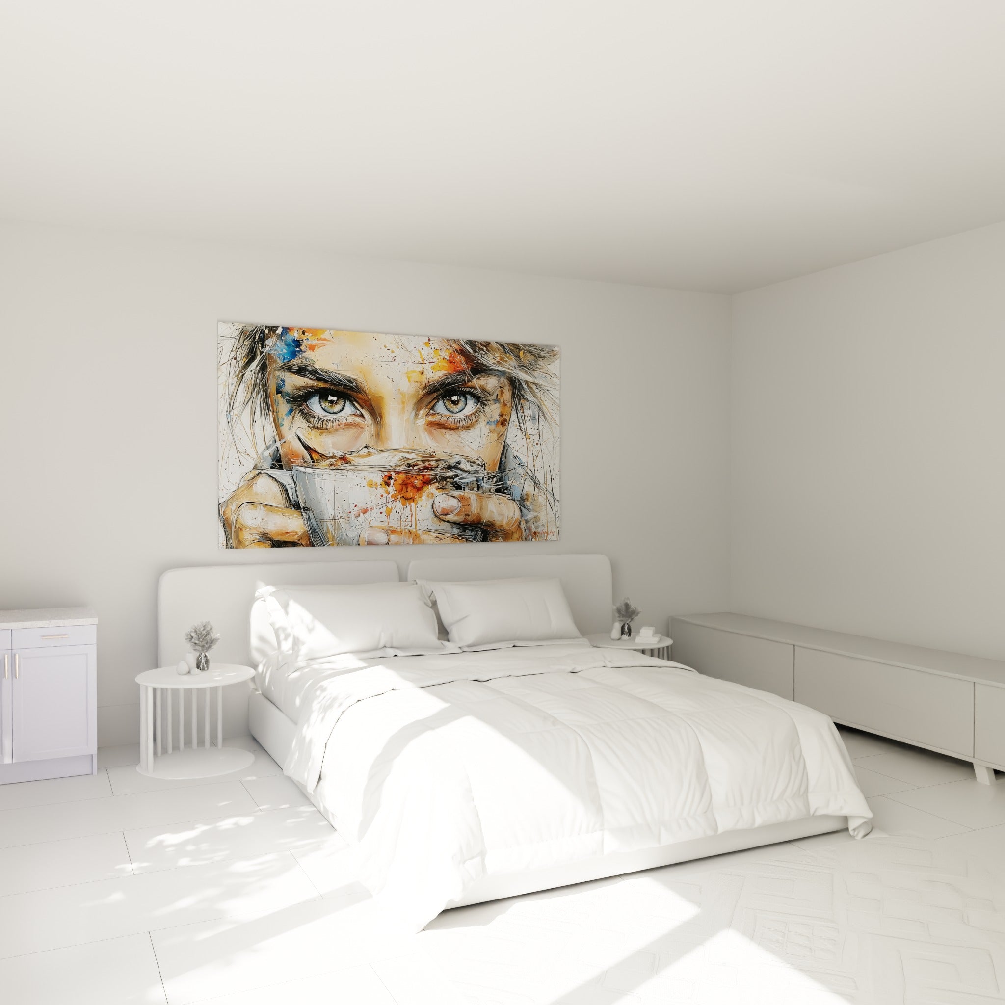 Visage expressif aux touches orange et anthracite au-dessus d'un lit dans une chambre claire