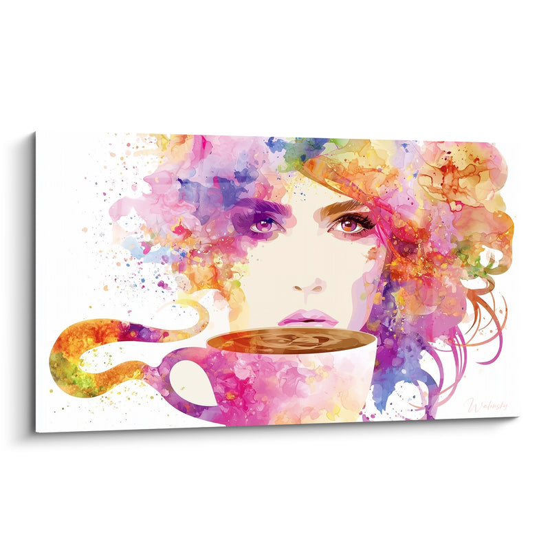 Tableau Visage aquarelle rose et violette aux cheveux fleuris - Regard brun perçant - Edition Café