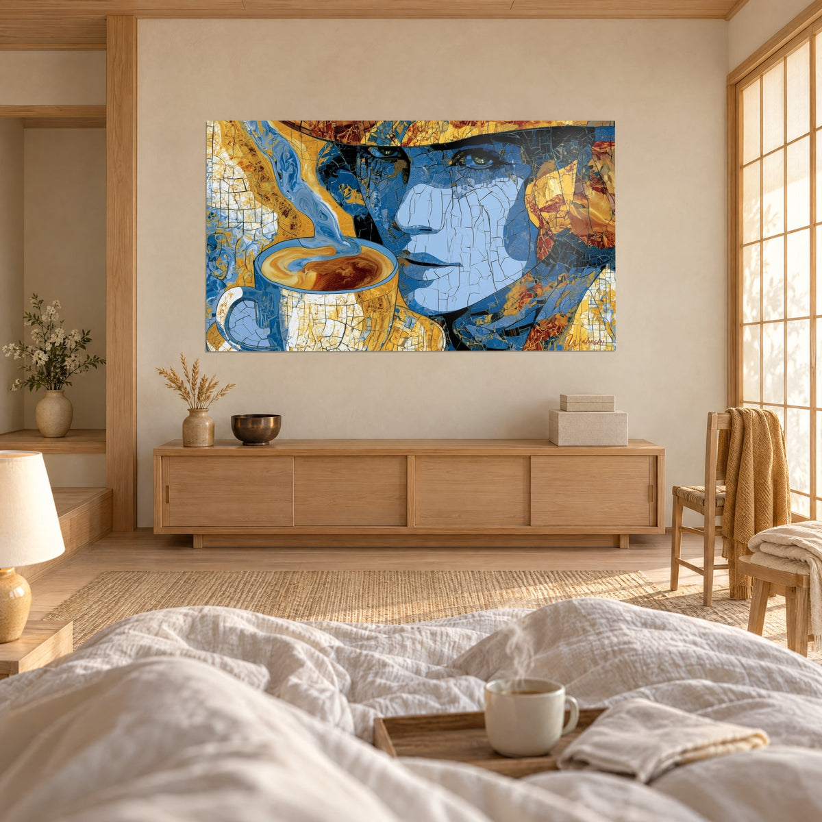 Wall art cracked blue profile and golden hat, steaming coffee cup, above a bed in a bright bedroom