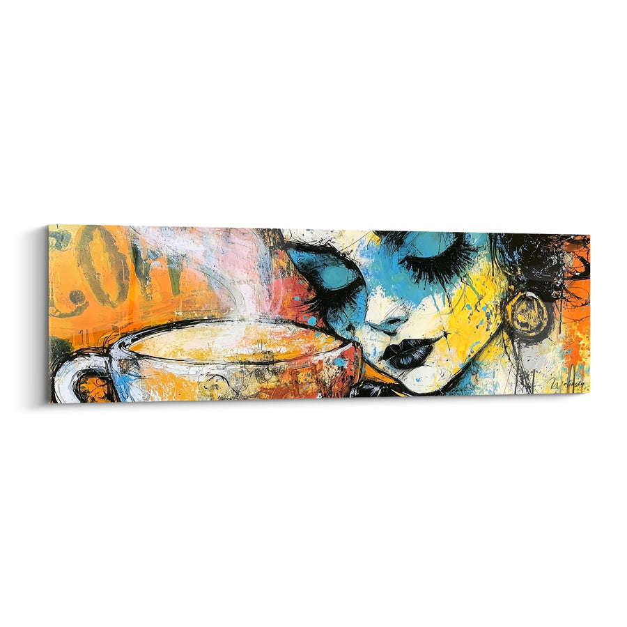 Tableau Visage bleu et jaune aux cils noirs - Boucle d'oreille dorée - Edition Café