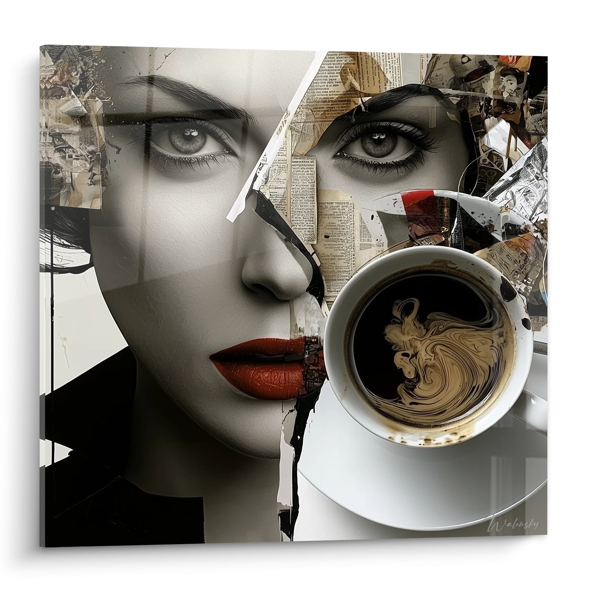 Visage fragmenté aux lèvres rouges et tasse de café brun profond, collage noir et blanc sur toile