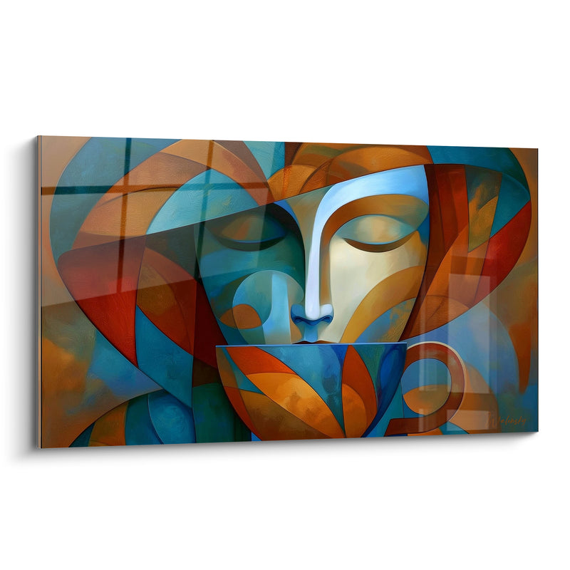 Tableau Visage cubiste bleu et orangé aux yeux clos - Anse spiralée dorée - Edition Café
