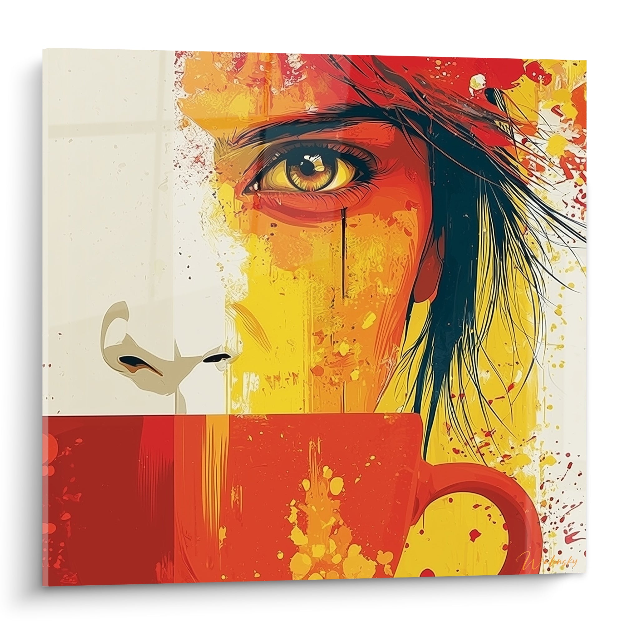 Regard doré intense sur fond rouge et jaune éclaboussé, tasse orange en premier plan