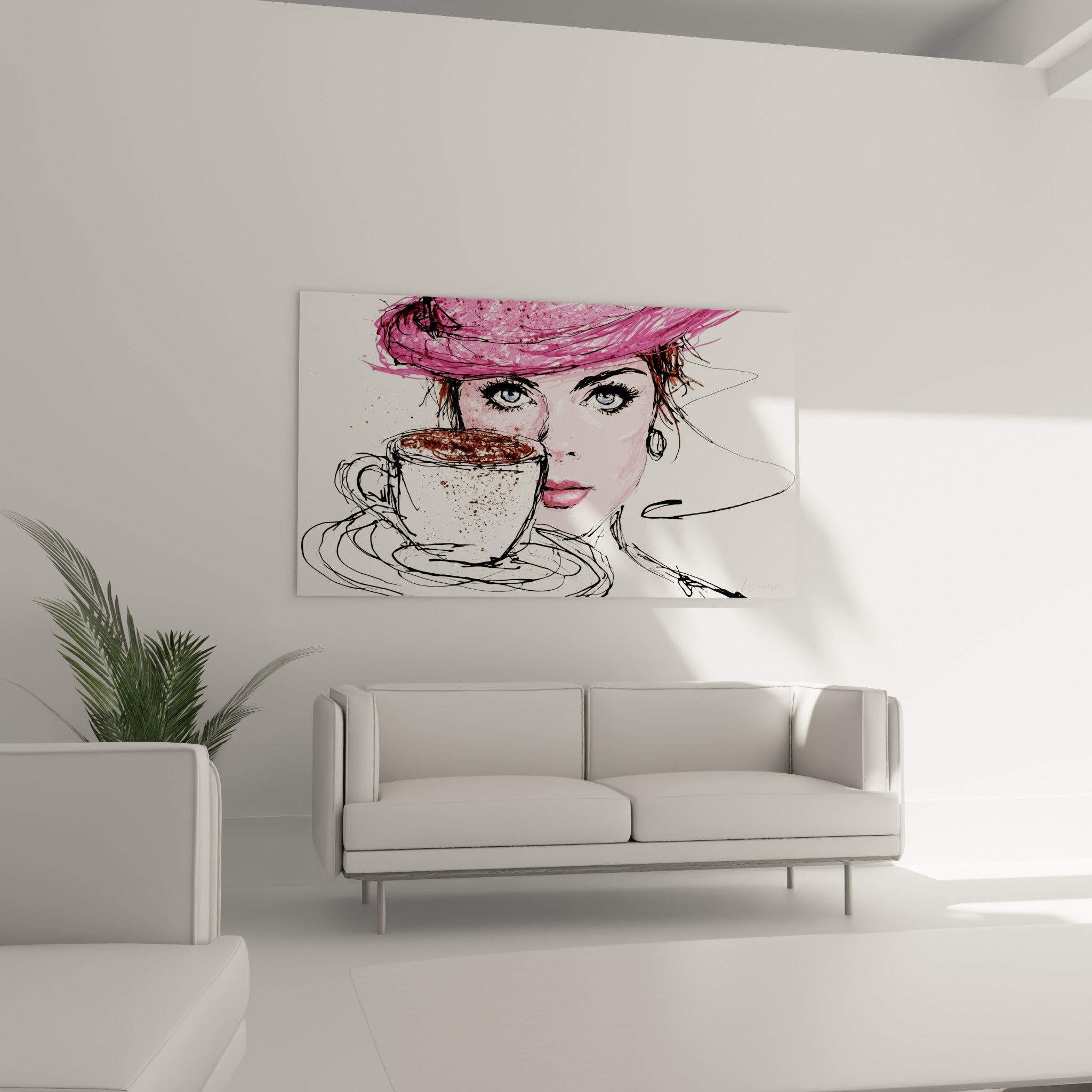 Visage esquissé aux lèvres roses derrière une tasse blanche débordante, au-dessus d'un canapé dans un salon lumineux