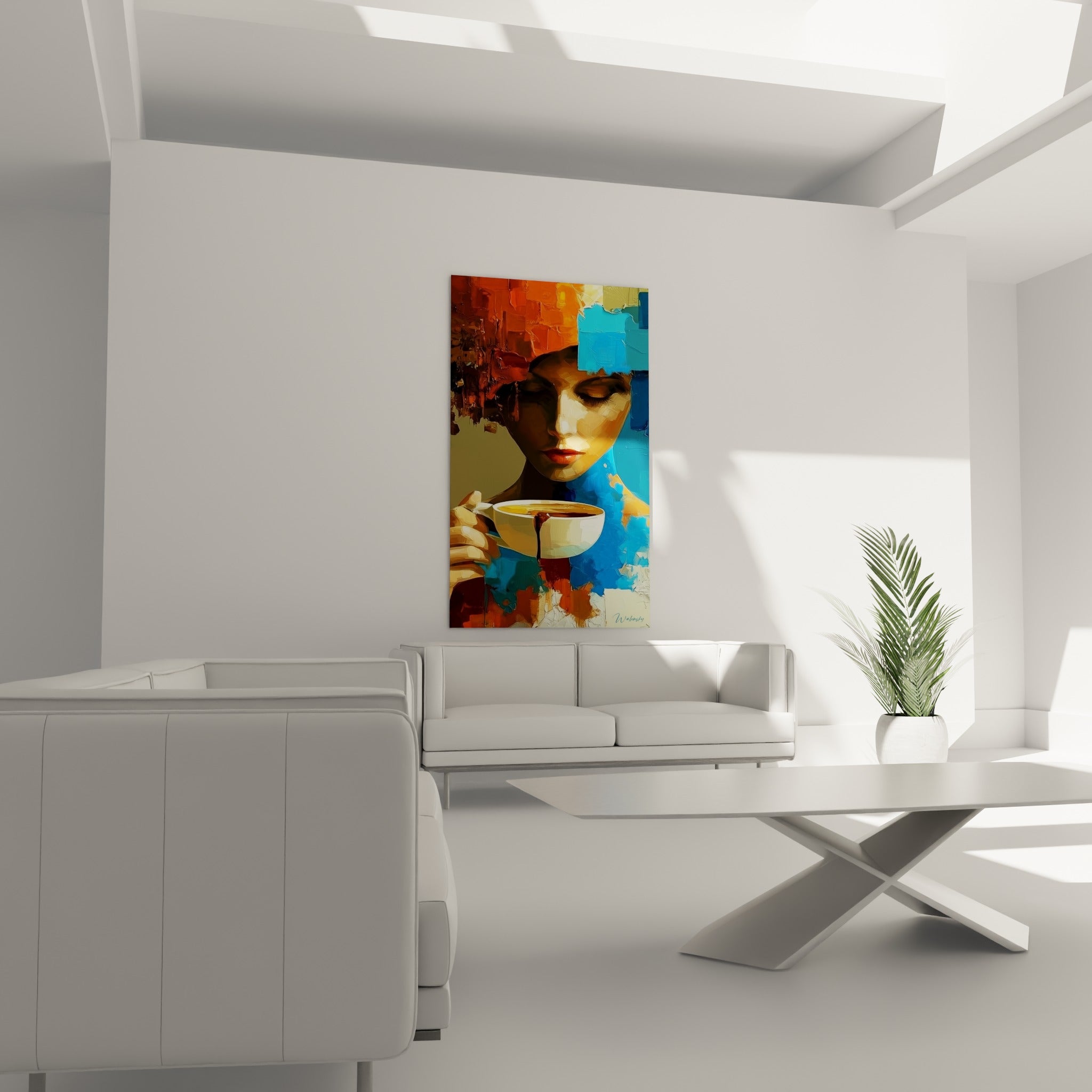 Portrait café orange fauve et bleu pétrole, lèvres rouges, au-dessus d'un canapé dans un salon lumineux
