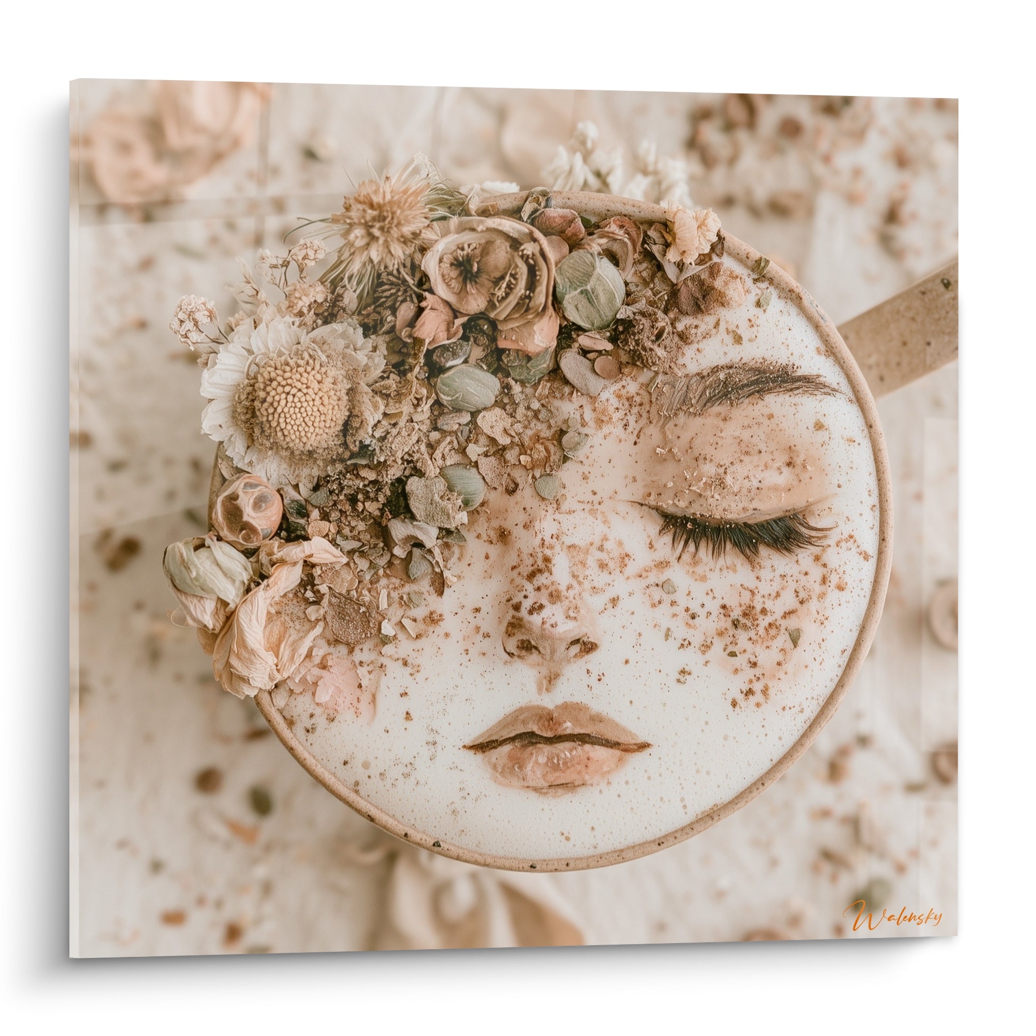 Visage endormi aux couronnes de fleurs beige et ocre sculpté dans une mousse crème onirique