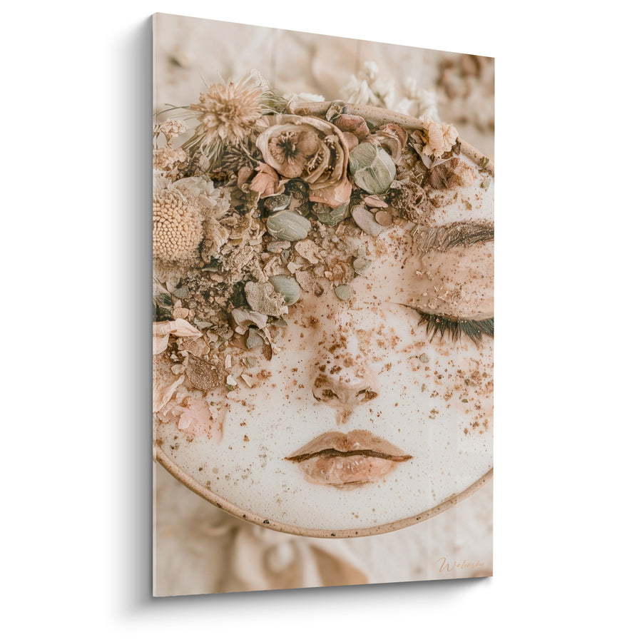 Tableau Visage crème sur mousse au café couronné de fleurs séchées - Rêverie sur la mousse - Edition Café