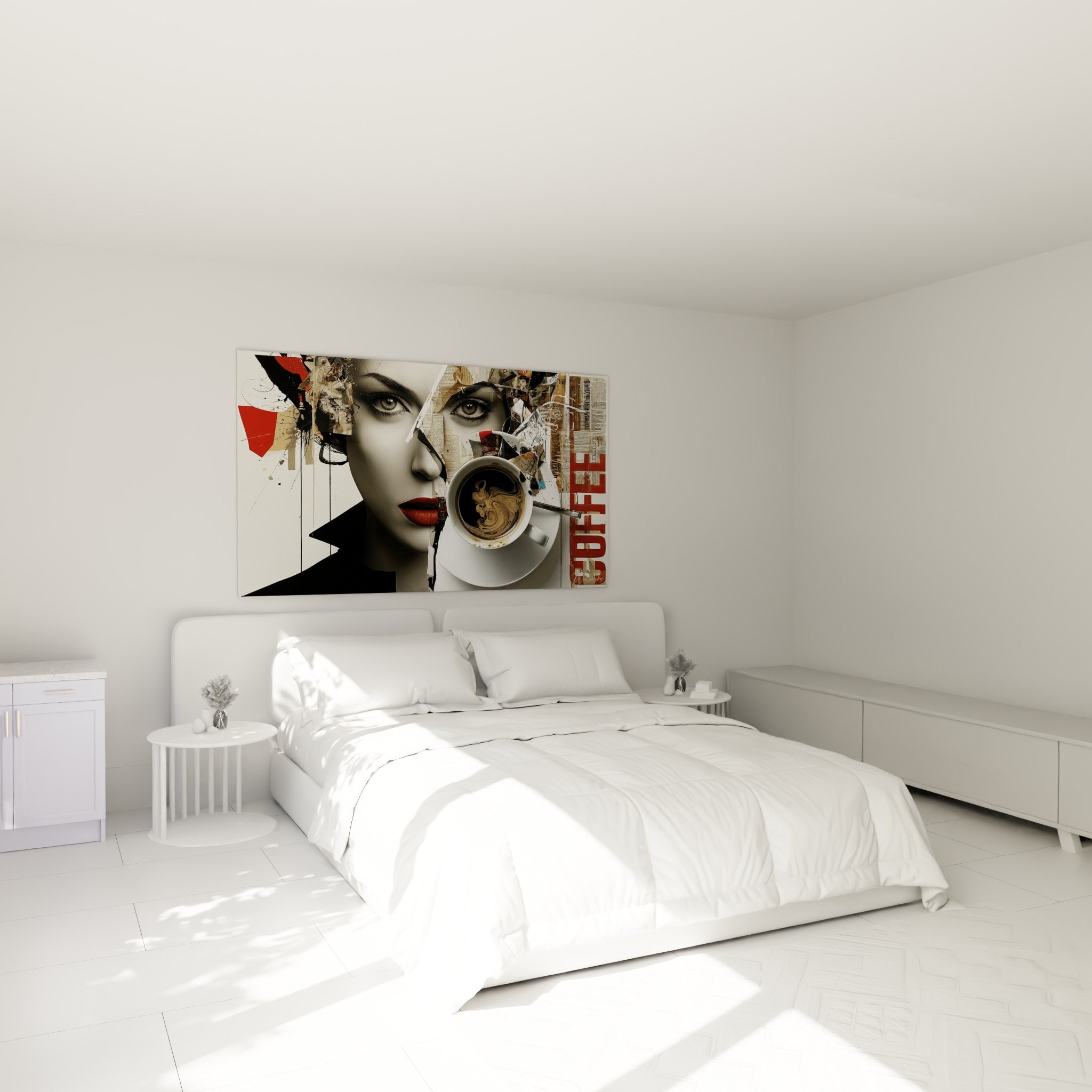 Portrait fragmenté rouge et crème avec tasse fumante, accroché au-dessus d'un lit dans une chambre claire