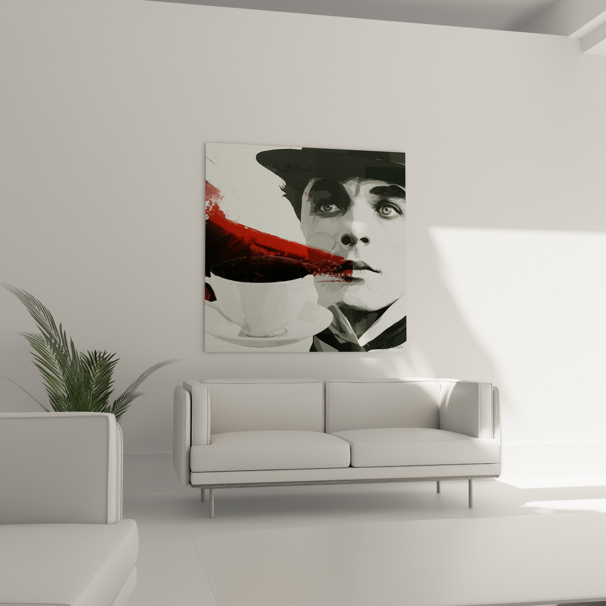 Homme mystérieux en gris et noir avec tasse renversée rouge au-dessus d'un canapé dans un salon lumineux