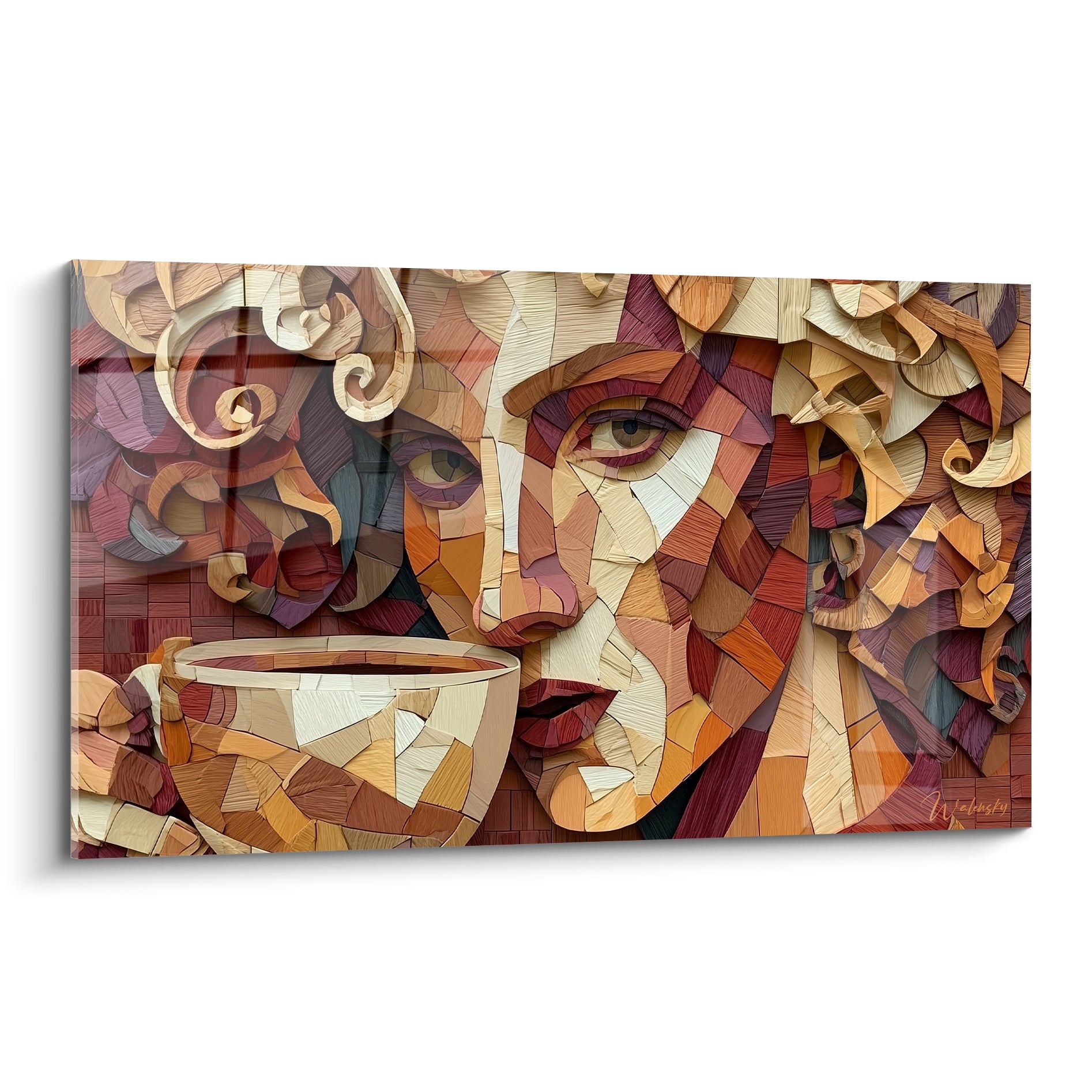 Visage mosaïque terracotta et ocre tenant une tasse de Café fumante