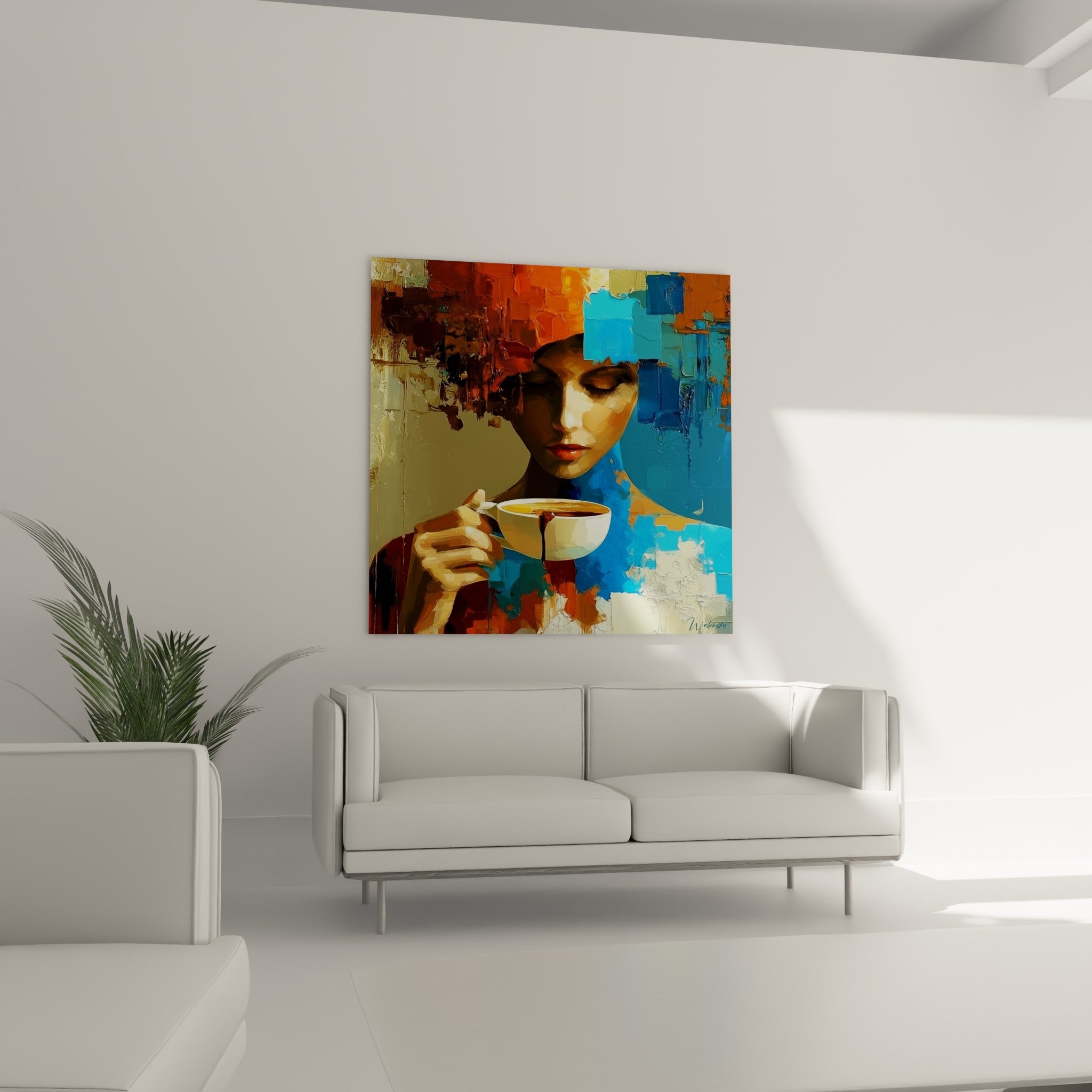 Silhouette féminine tasse en main, teintes orange et bleu pastel, au-dessus d'un canapé dans un salon lumineux