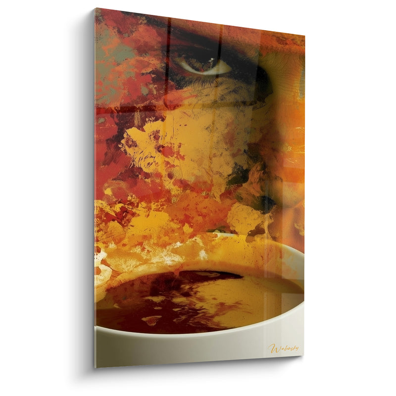 Tableau Visage fondu orange et rouge au regard perçant - Œil scrutateur intense - Edition Café