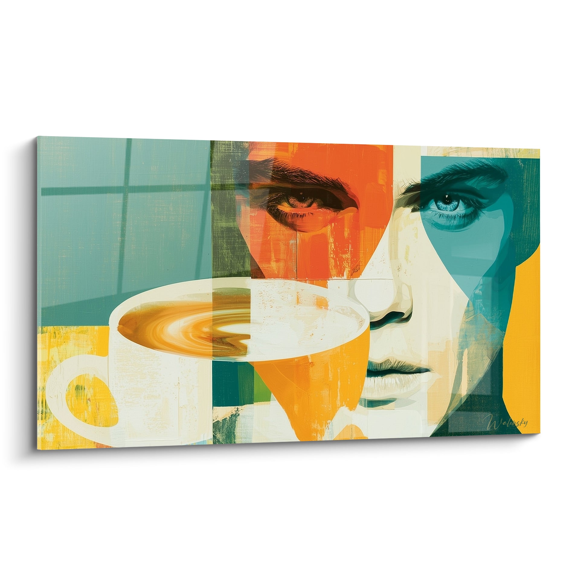 Visage bicolore orange et turquoise fixant une tasse de café doré sur toile