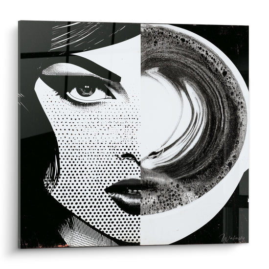 Visage pop art fusionné à une tasse de café noir et blanc aux volutes fumantes