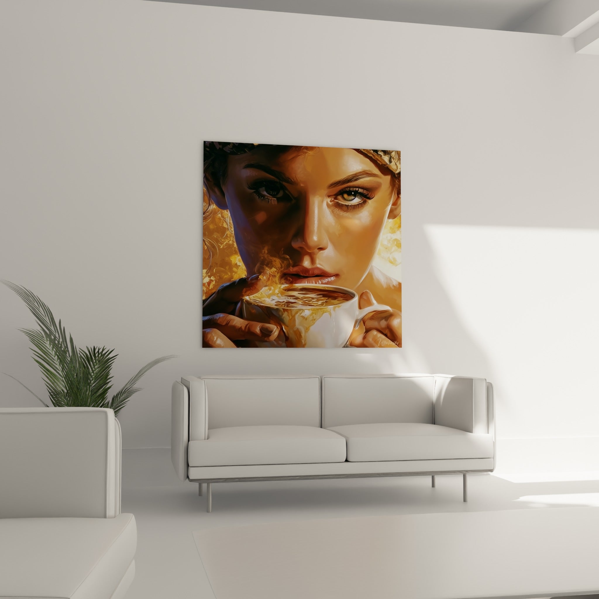 Portrait féminin captant une vapeur dorée au-dessus d'une tasse blanche, dans un salon lumineux