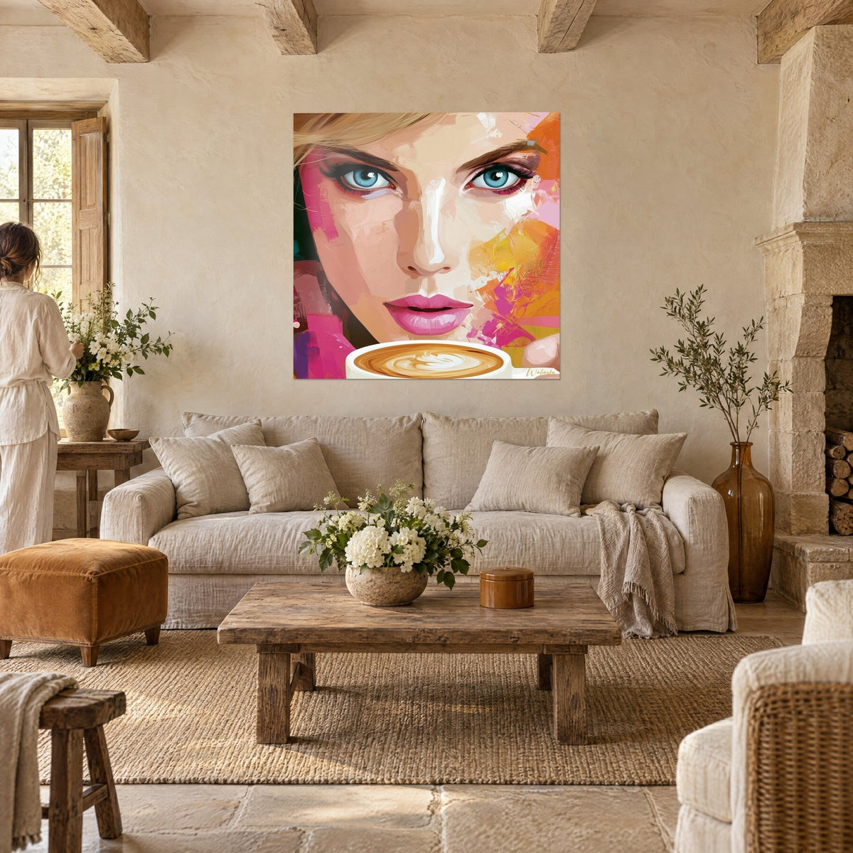 Wall art portrait with piercing blue eyes, pink and orange cheeks, cup of creamy latte, hanging above a sofa in a bright living room