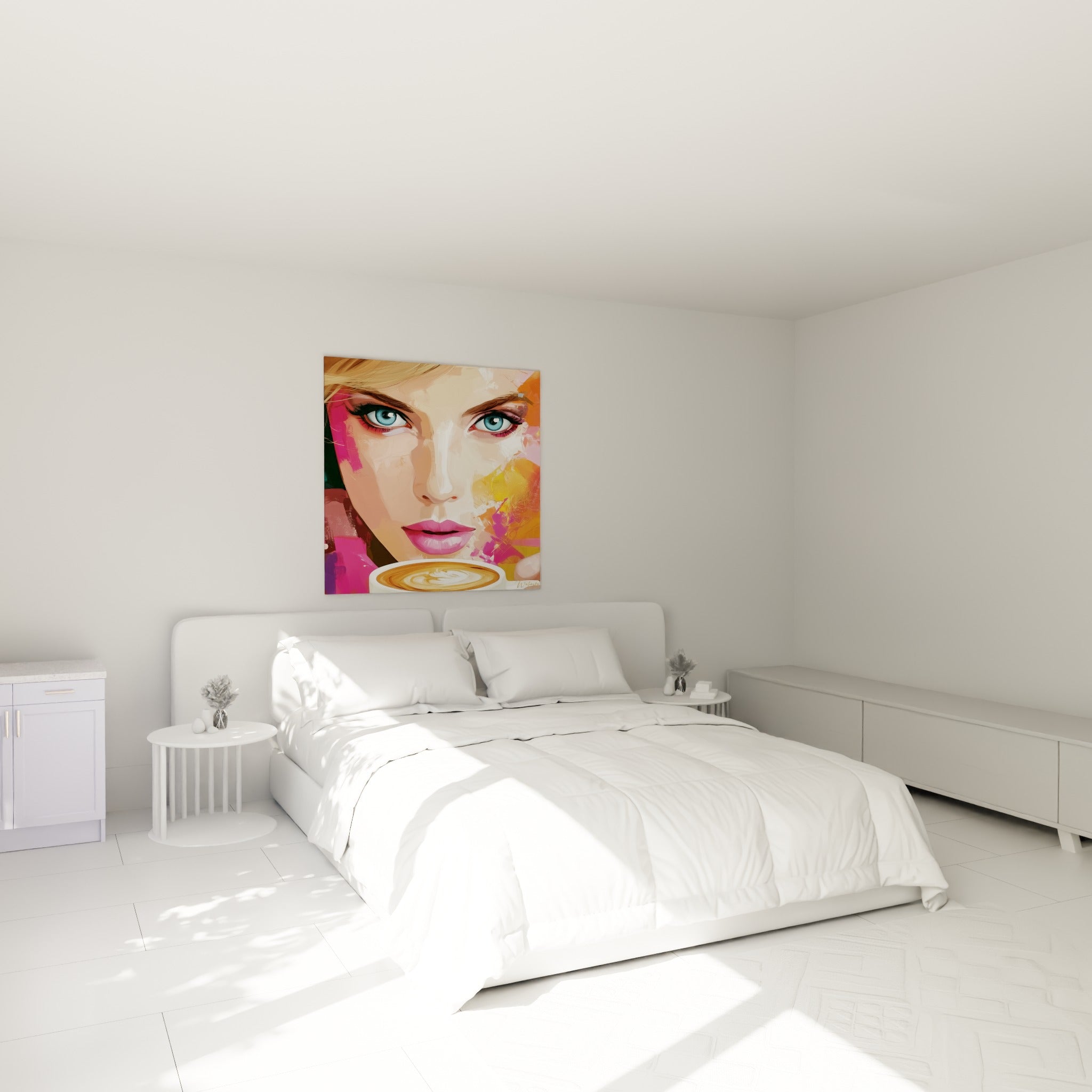 Regard bleu intense et cappuccino peint en tons roses au-dessus d'un lit dans une chambre claire