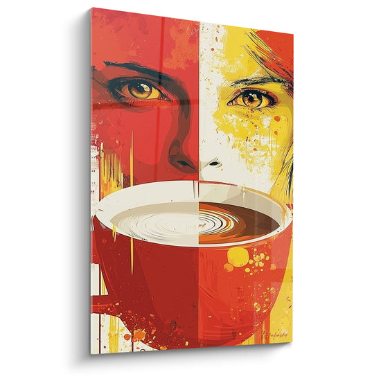 Tableau Tasse rouge et jaune aux ondes concentriques - Regard bicolore aux yeux ambrés - Edition Café