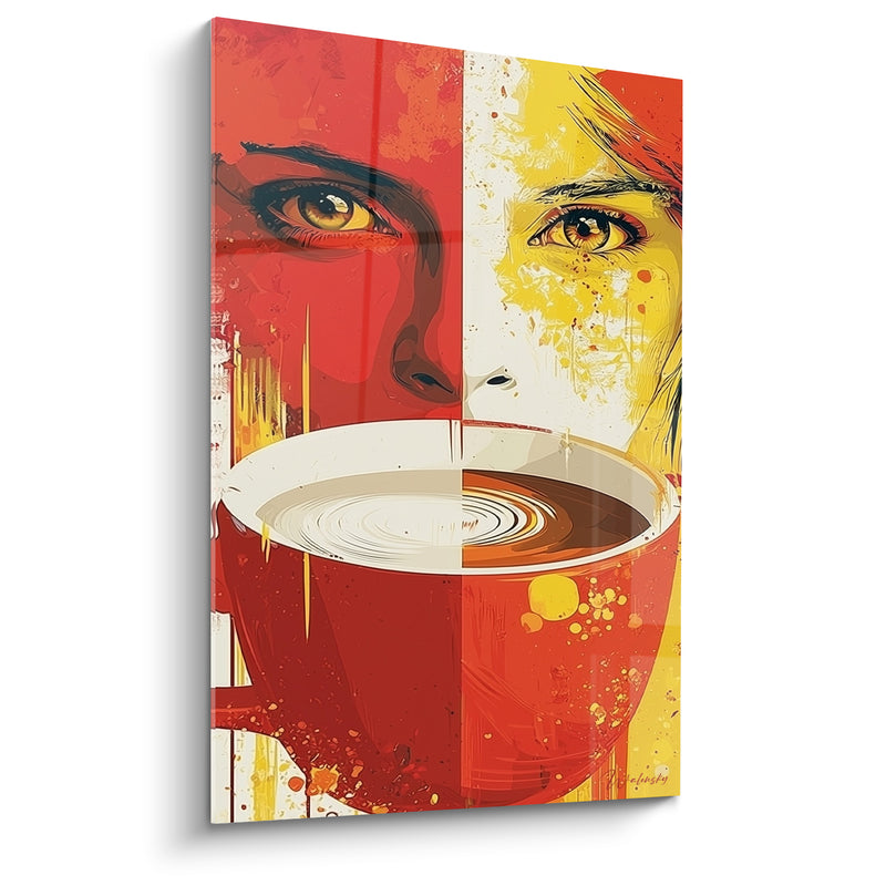 Tableau Tasse rouge et jaune aux ondes concentriques - Regard bicolore aux yeux ambrés - Edition Café