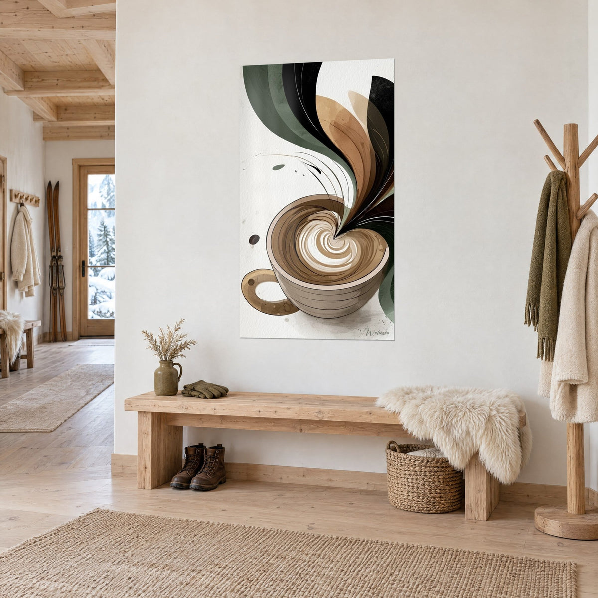 Tableau latte art en spirale beige et crème, panaches vert sauge et noirs, sur un mur blanc d'entrée en chalet, banc de bois