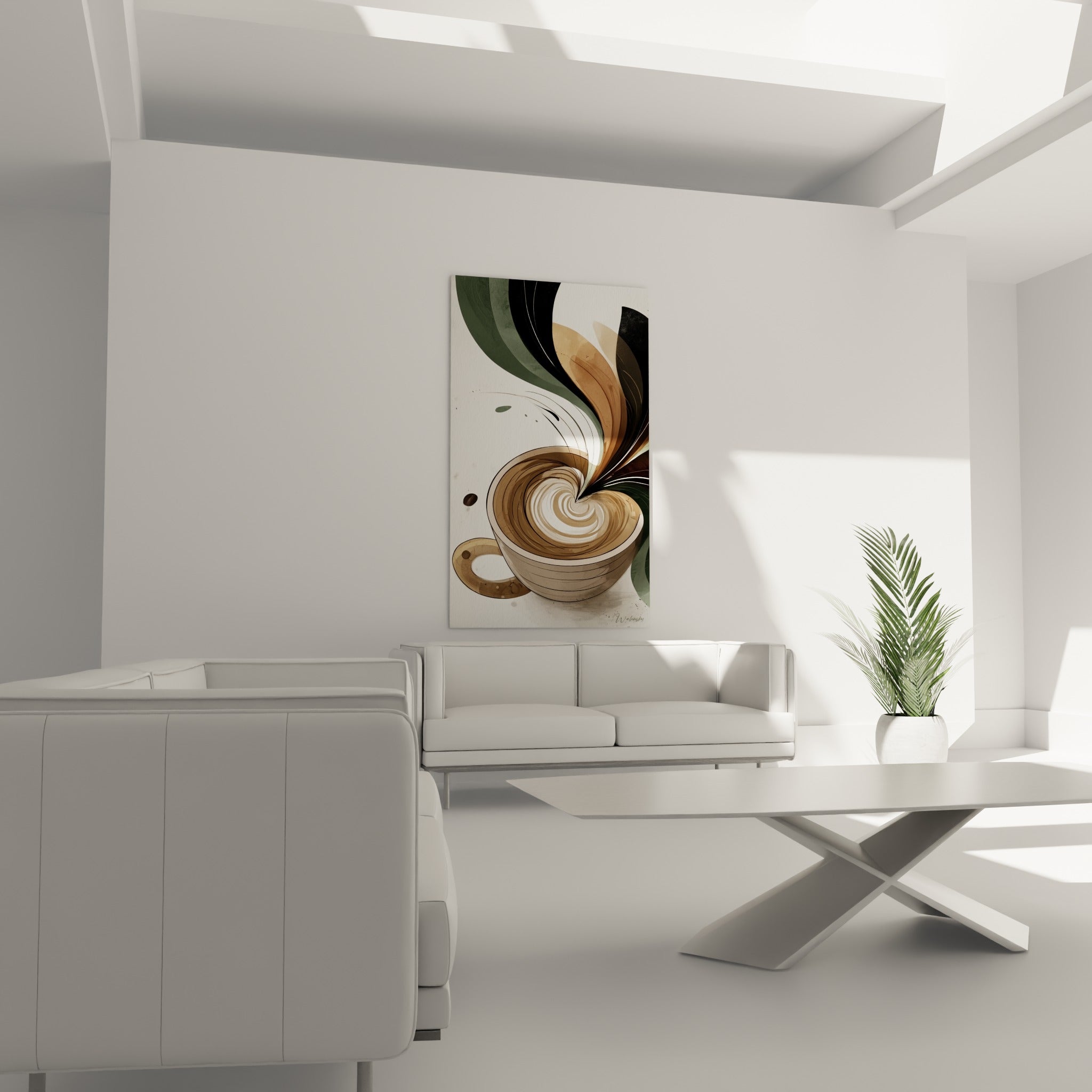 Tourbillon caramel et anthracite d'une tasse de café au-dessus d'un canapé dans un salon lumineux